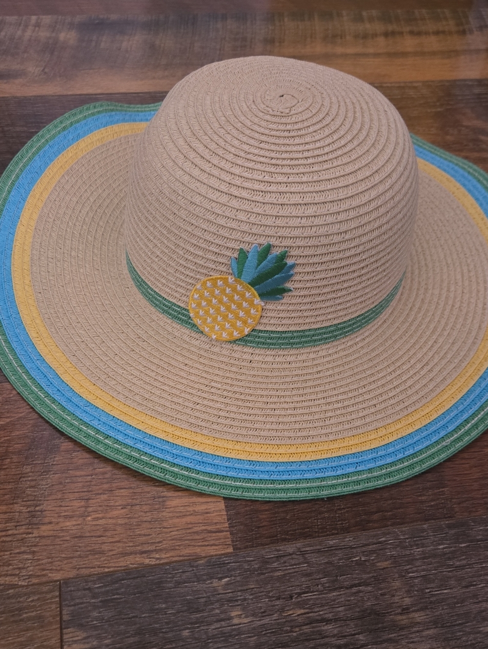 Gymboree Beige Straw Sun Hat with Green, Yellow, and Blue Trim